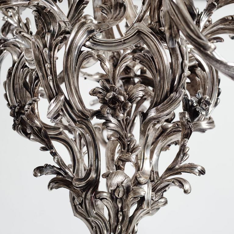 Ljuskrona för fem ljus, försilvrad mässing, argent haché, tillskriven Pierre Boulanger, Paris omkr 1750, Louis XV.