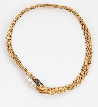 A necklace set with round- brilliant cut diamonds and step cut sapphires.