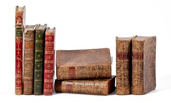 BOKPARTI, 8 delar, bla "Oeuvres de Moliere" nouv ed, vol I-IV, Amsterdam-Leipzig, 1750.