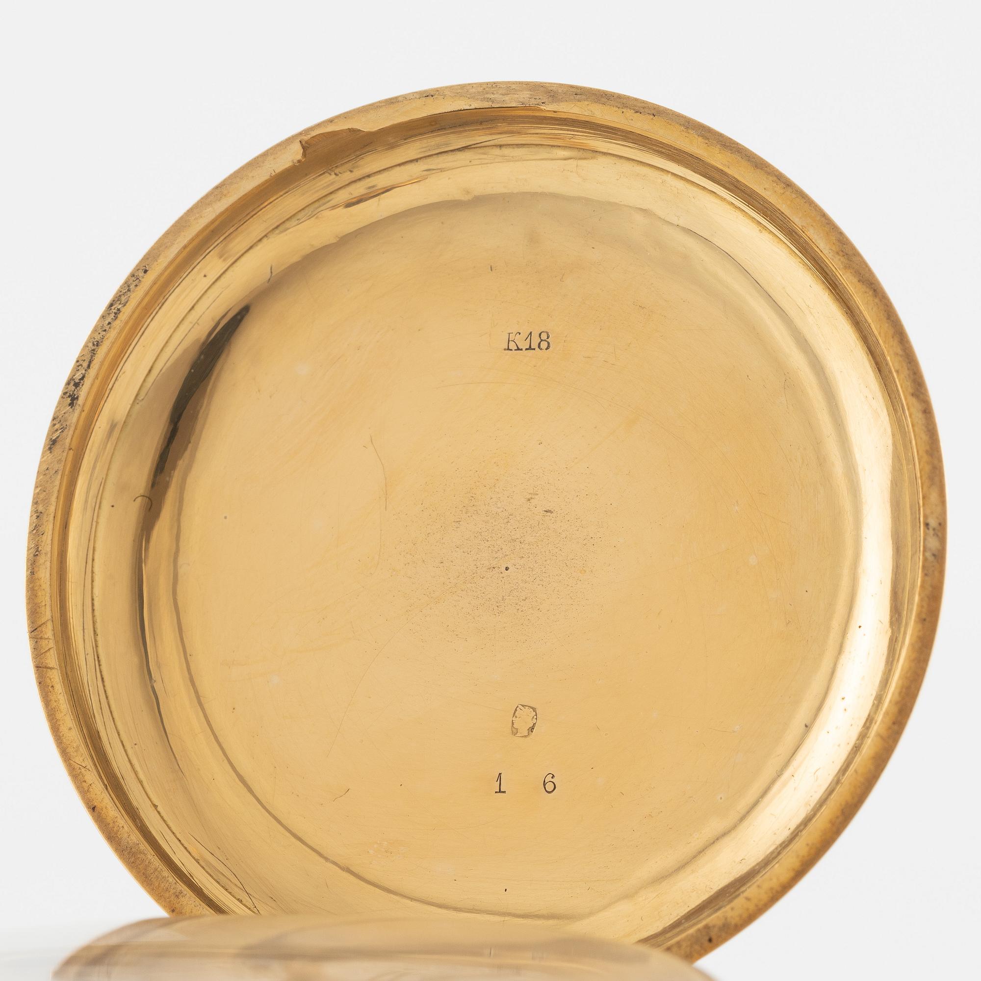 Pocket watch, 18K gold, hunter, calendar, 49.5 mm.