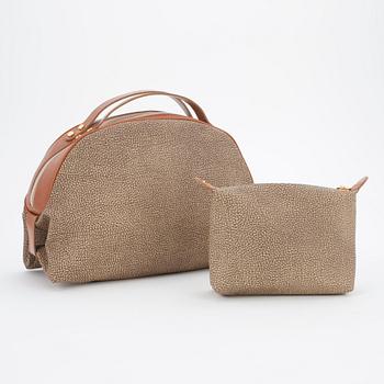 BORBONESE, a brown fabric and leather handbag and toliettrybag from the 1980s.