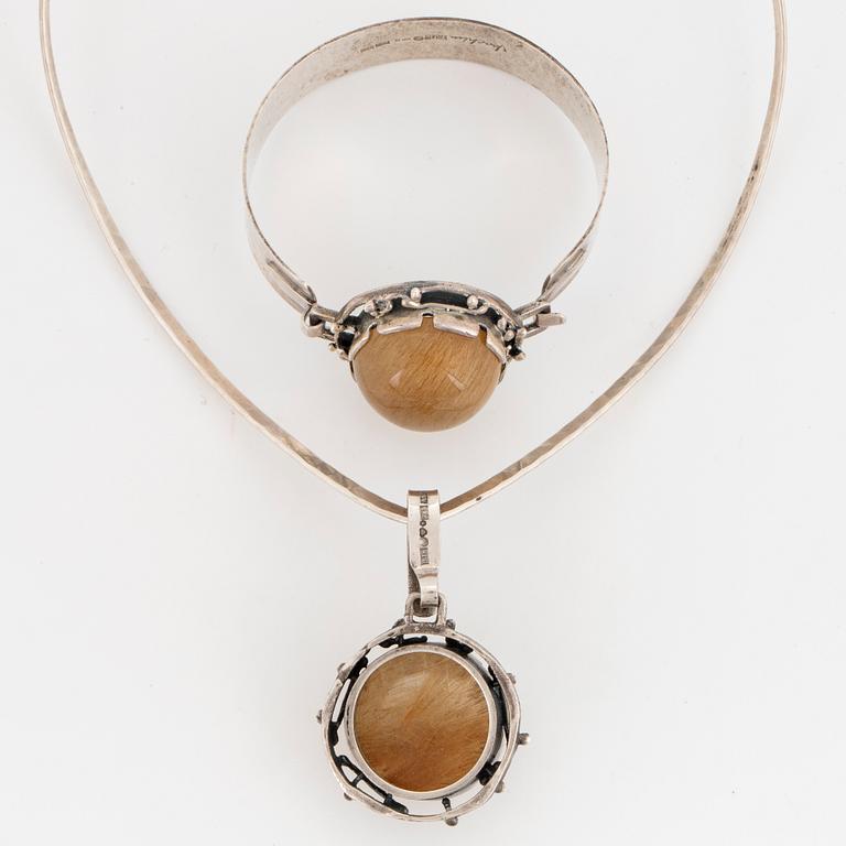 Bangle and pendant silver with cabochon cut rutile quartz, Klintz, necklace Alton.