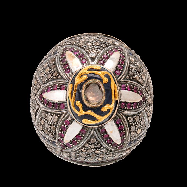 Ring/Cocktail ring in white and yellow gold with diamonds and coloured stones, Gem Palace Jaipur India.