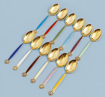 1105. A Th. Marthinsen set of gilt sterling and enamel dessert spoons, 12 pieces, Norway ca 1950.