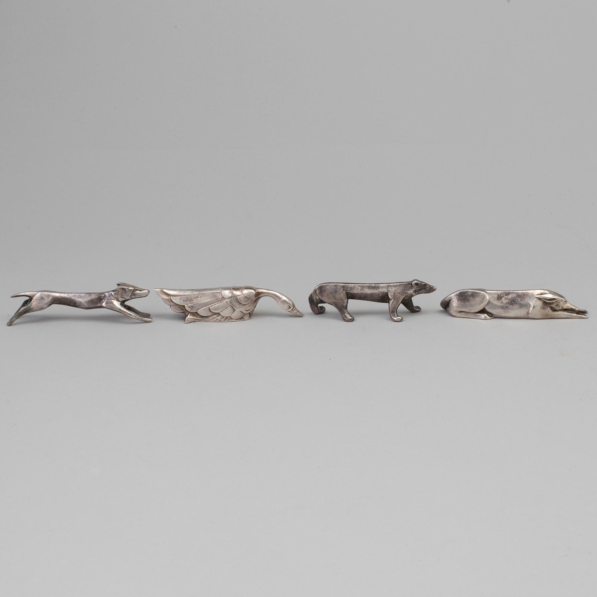 12 silver plated animal-shaped knife rests designed by Marcel Edouard Sandoz for Gallia Christofle, France.