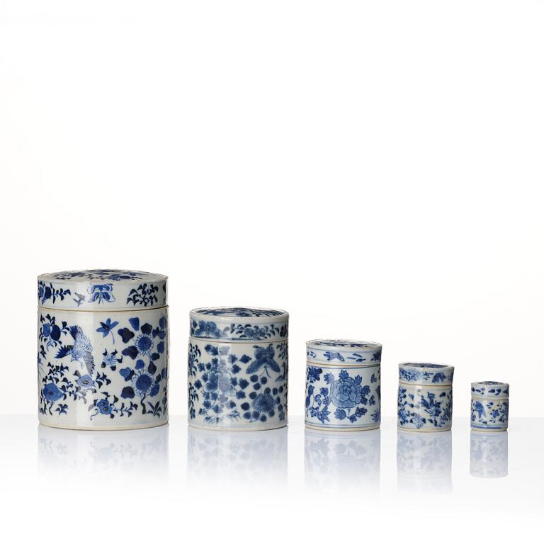 A set of five blue and white jars, Qing dynasty, 19th century.