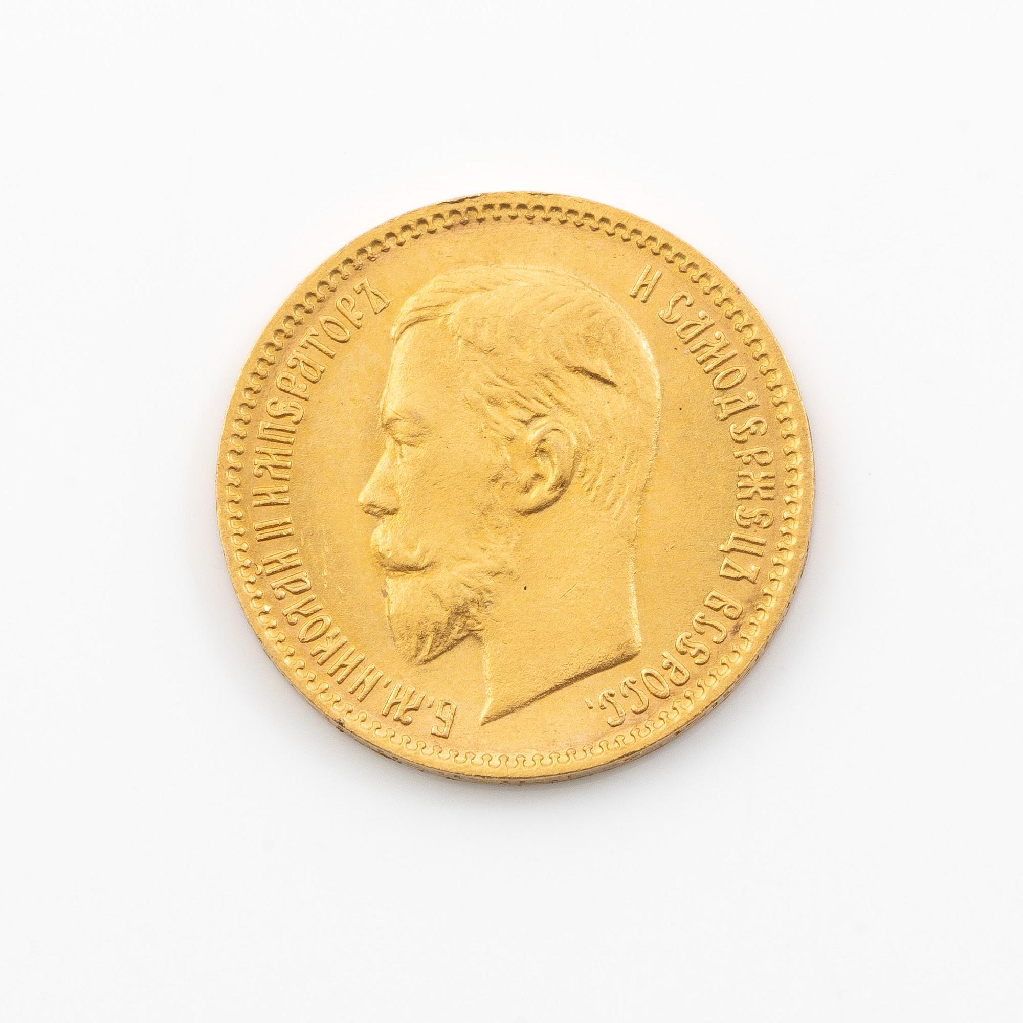 Gold coin, Nicholas II, Russia, 5 Rubles, 1904.