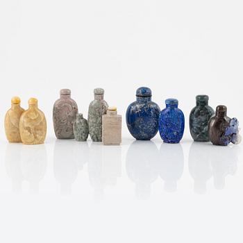 Eight snuff bottles, mottled stone, China, 20th century.