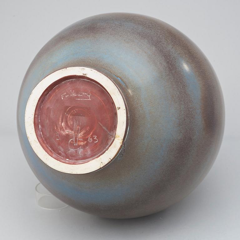 A Berndt Friberg brown and a little blue 'rabbit's fur' glazed giant stoneware vase, Gustavsberg Studio 1963.