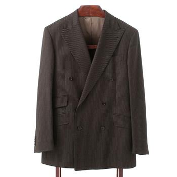 329. ROSE & BORN, a men's brown grey pinstriped wool suit consisting of jacket and pants.