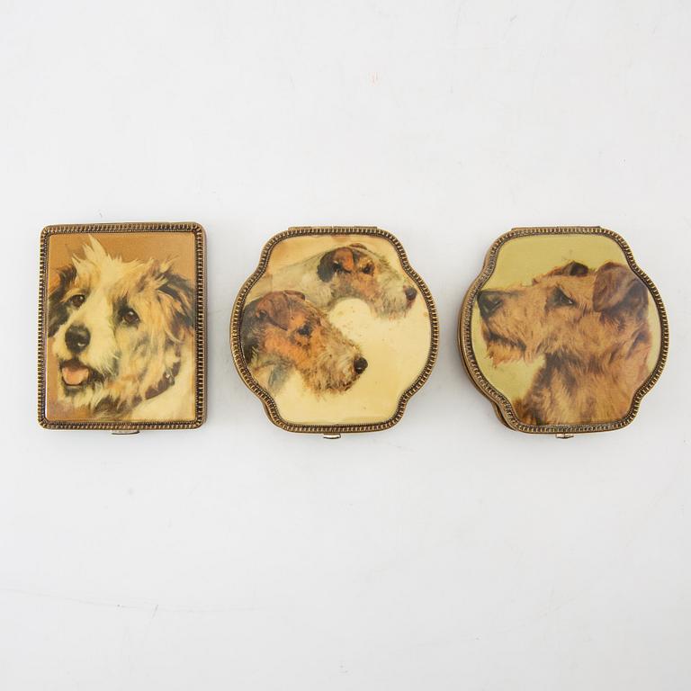 Powder boxes, a pair, and a cigarette case, early 20th century.