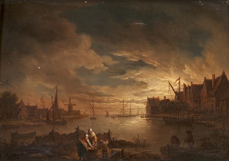 Christian Georg Schütz Attributed to, A harbour in moonlight.