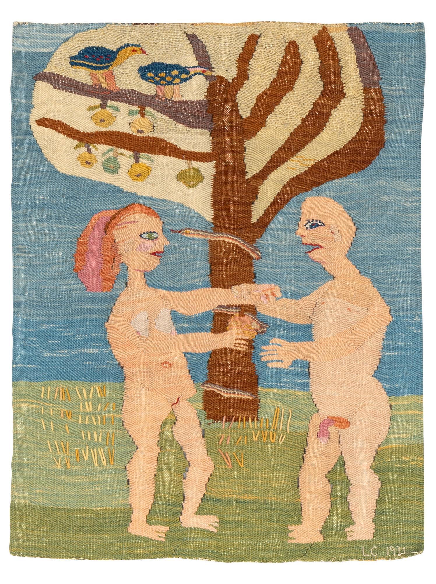 Lena Cronqvist, vävd tapet, "Adam och Eva I", 1971, gobelängteknik, ca 123 x 97 cm, signerad 'LC' och daterad.
