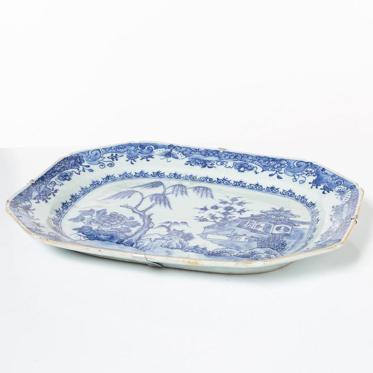 Two Chinese blue and white porcelain dishes and a small dish, Qing dynasty, 18th century.