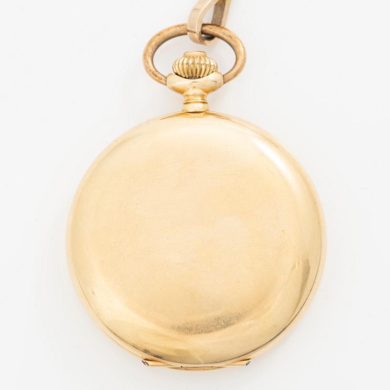 Pocket watch, 14K gold, hunter case, 49.5 mm, with chain.