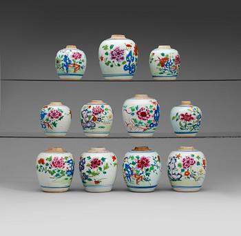 481. A set of 11 famille rose pots, Qing dynasty, Qianlong (1736-95).