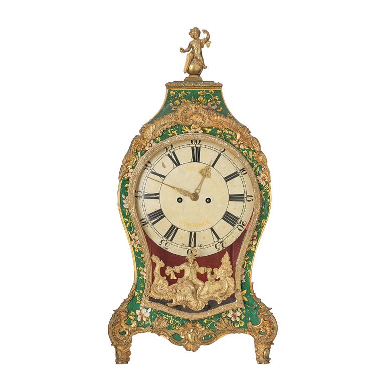 A rococo painted and gilt-brass mounted mantel clock by P. Ernst (watchmaker in Stockholm 1753-84).