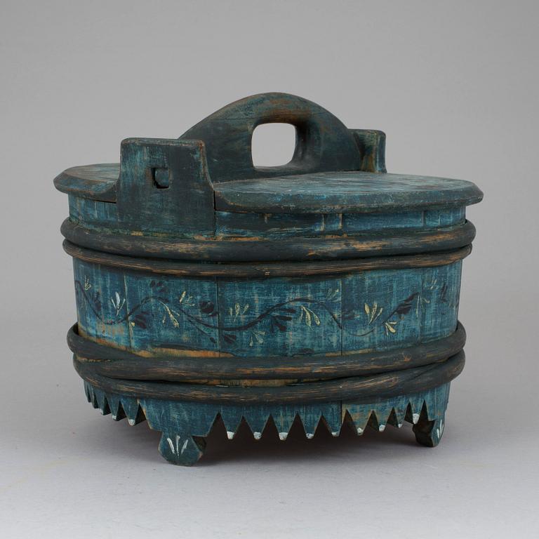 A WOODEN PORRIDGE BOWL, painted and dated 1858.