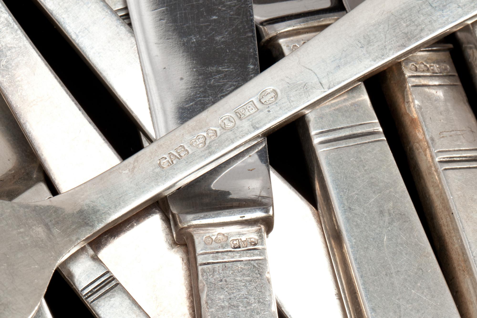 BESTICK,125 delar, silver, "Rosenholm", GAB, 1940-tal. Total vikt ca 4800 g inkl rostfria knivblad.