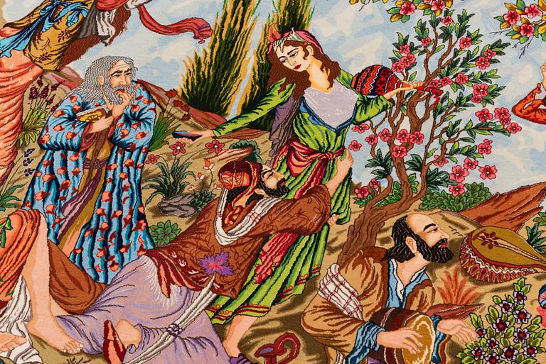 A old Tabriz carpet, part silk, figural, c. 200 x 295 cm.