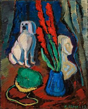 88. Agnes Cleve, Still life with porcelain dog.