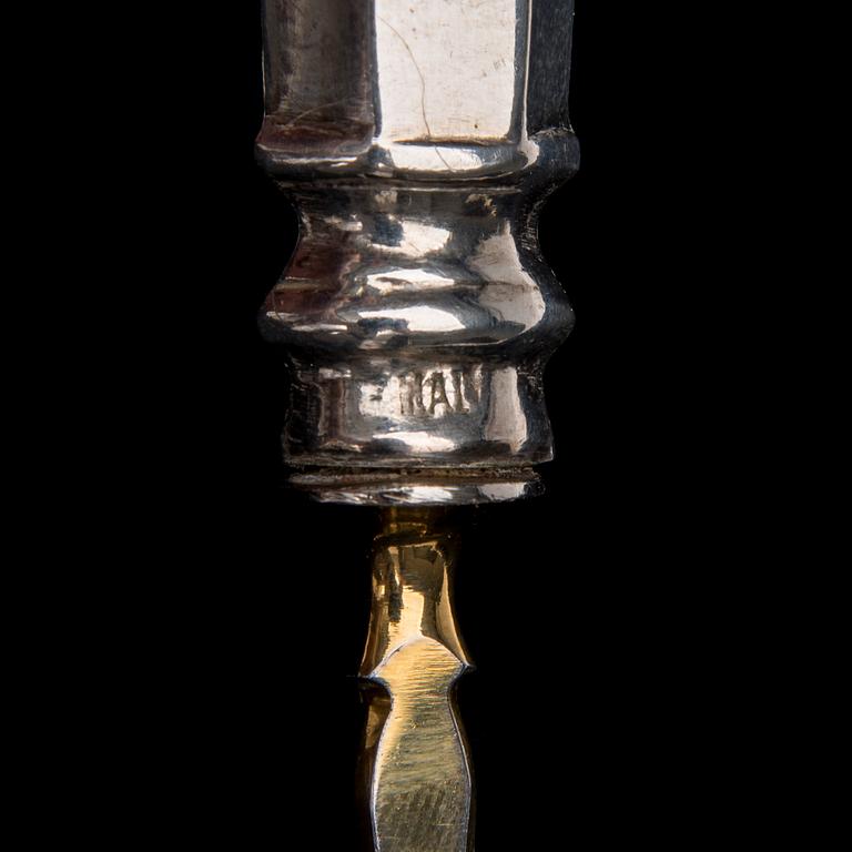 SERVERINGSBESTICK, 4 st, silver, förgyllda stålblad. Österrike-Ungern 1867-1922.