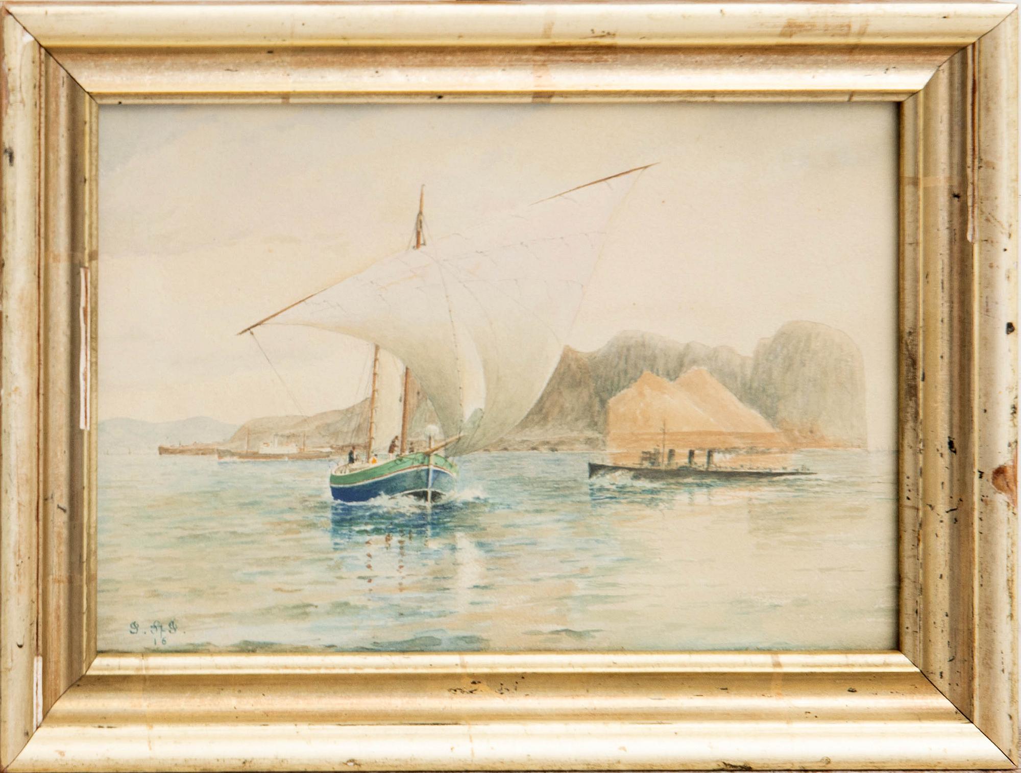 Okänd konstnär 1900-tal, Segelbåt och ångfartyg.