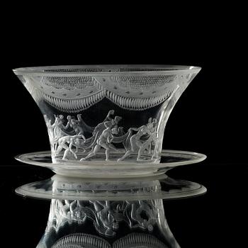 Simon Gate, a 'Slöjdansen' glass bowl with stand, Orrefors, Sweden 1926.