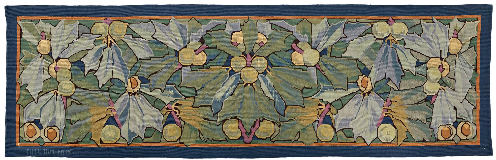 VÄVD TAPET, gobelängteknik, ca 55,5 x 174,5 cm, signerad EH LICIUM KN 1906. Jugend.