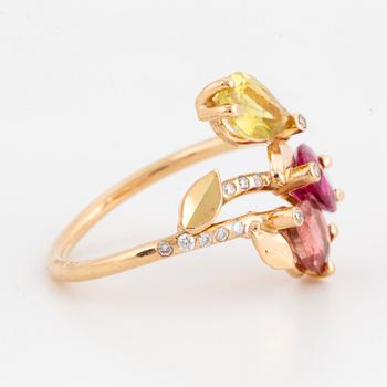 Multi-coloured tourmaline and brilliant-cut diamond spray ring.