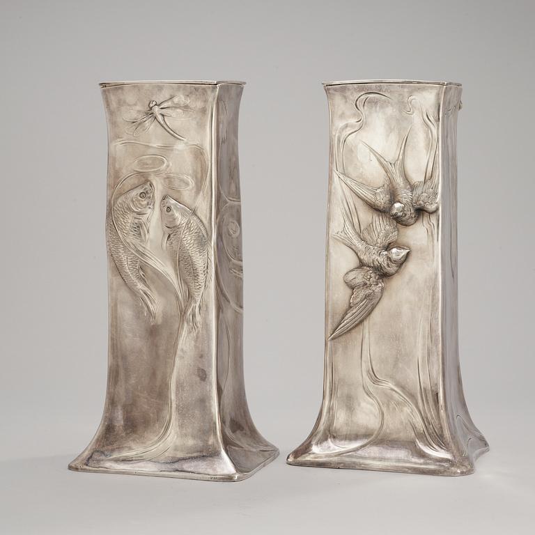 A pair of silver plated Art Noveau vases, probably Kayser-Sohn, marked Kayser.