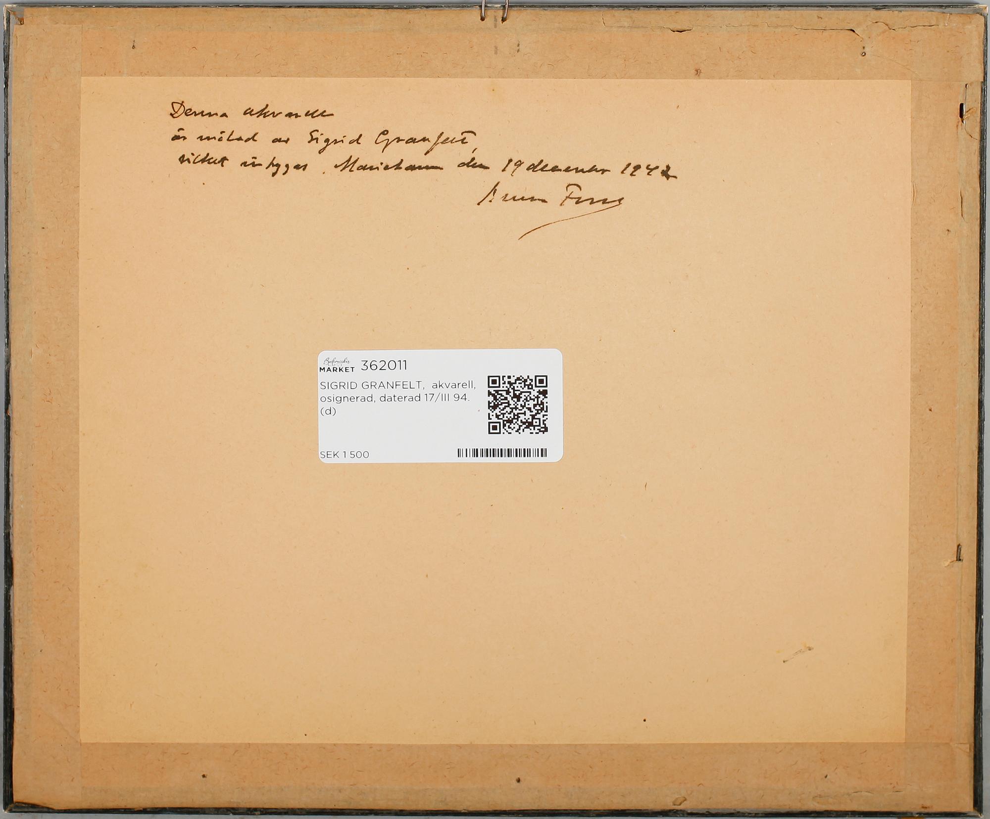 SIGRID GRANFELT,  akvarell, osignerad, daterad 17/III 94.