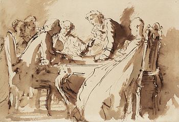 465. Egron Lundgren, Dispyten, elegant rokokosällskap kring ett bord utövande sällskapsspel.
