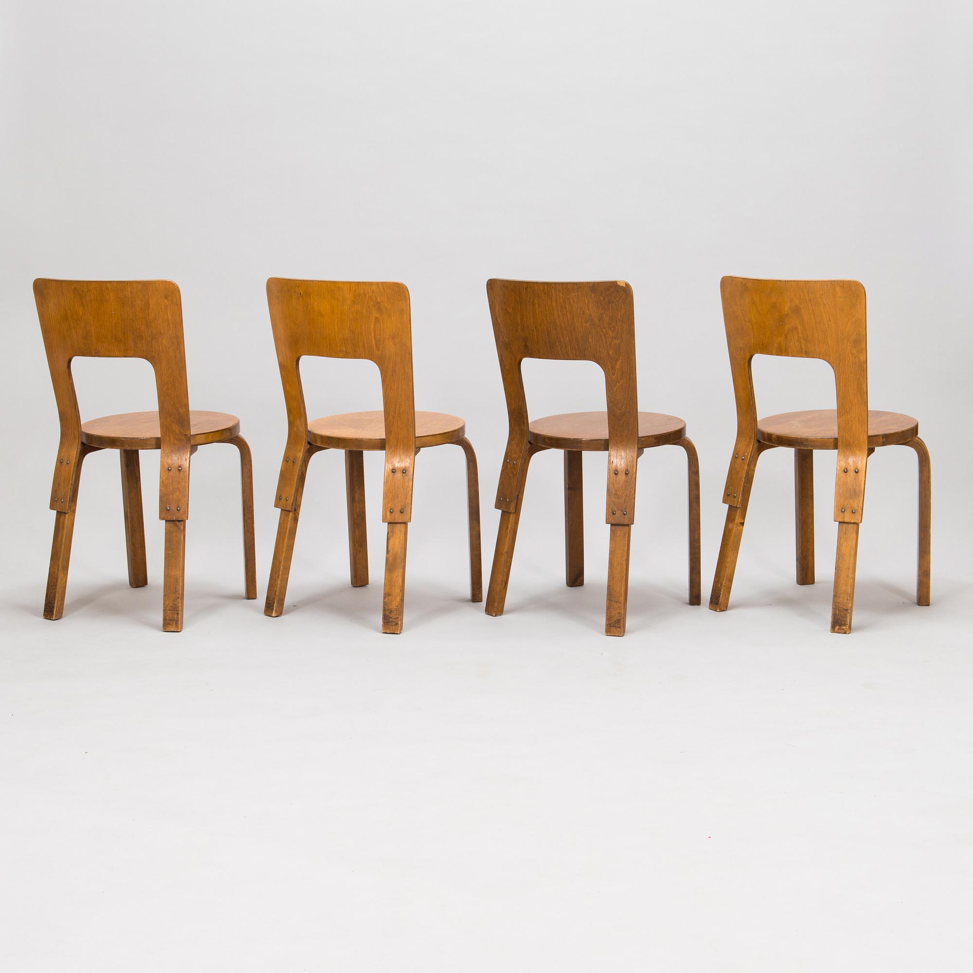 Alvar Aalto, four '66' chairs, O.Y. Huonekalu-ja Rakennustyötehdas A.B. Finland, 1930's/1940's.