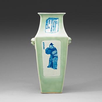 371. A celadon ground blue and white vase, late Qing dynasty.