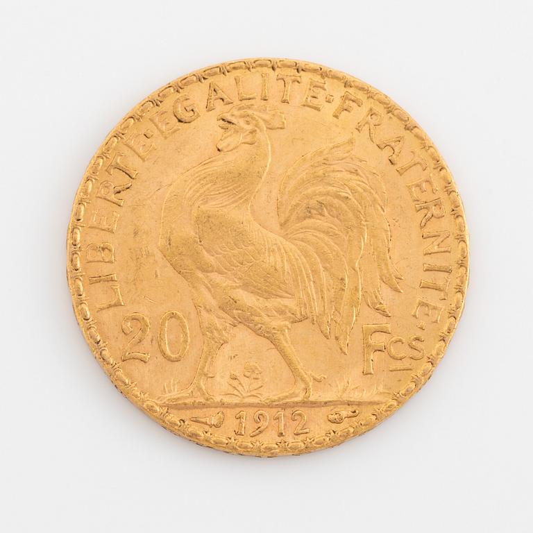 A French gold coin, 20 Francs, 1912.