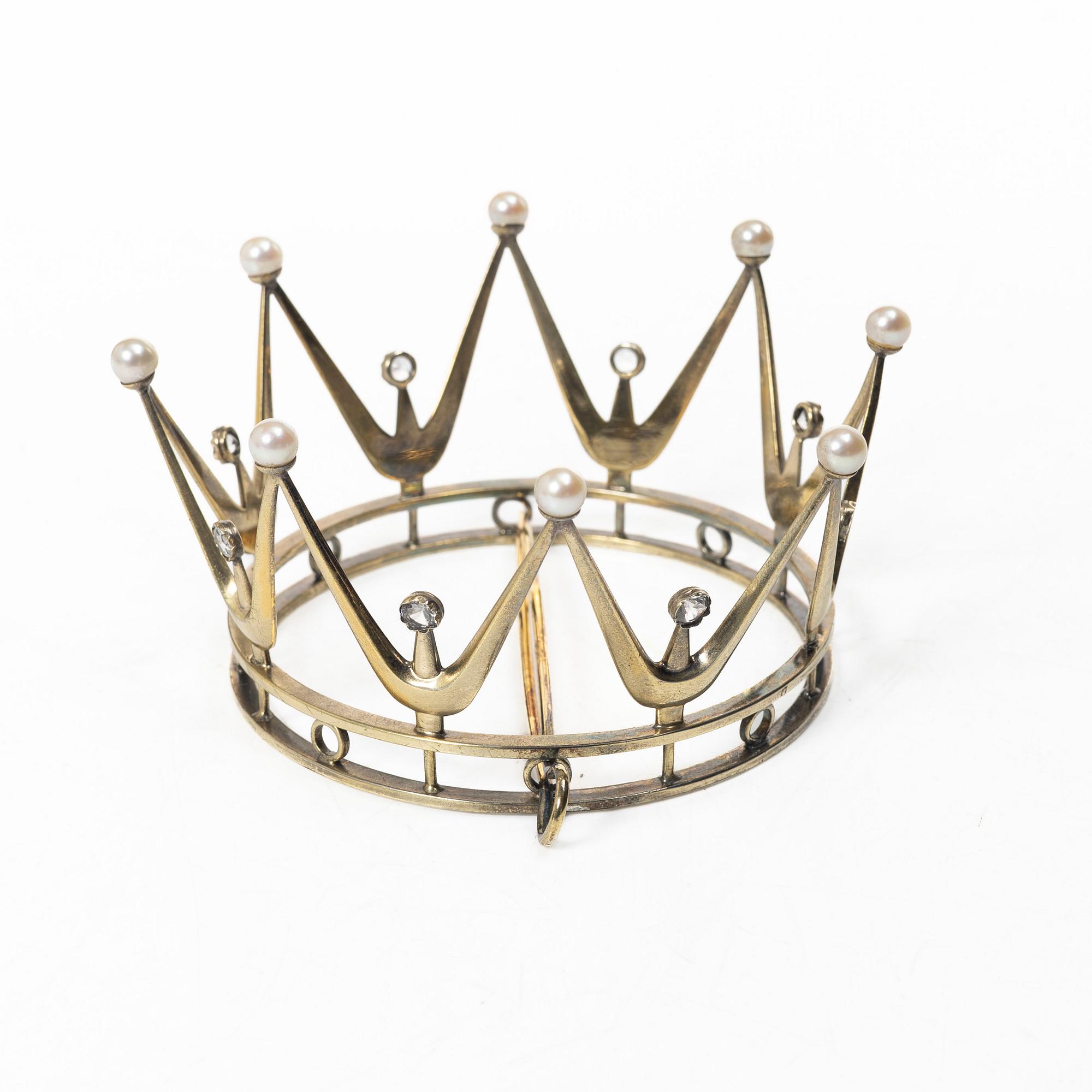 Bridal crown, gilt-silver with pearls and synthetic stones, mark of KE Carlsson, Gothenburg 1964.
