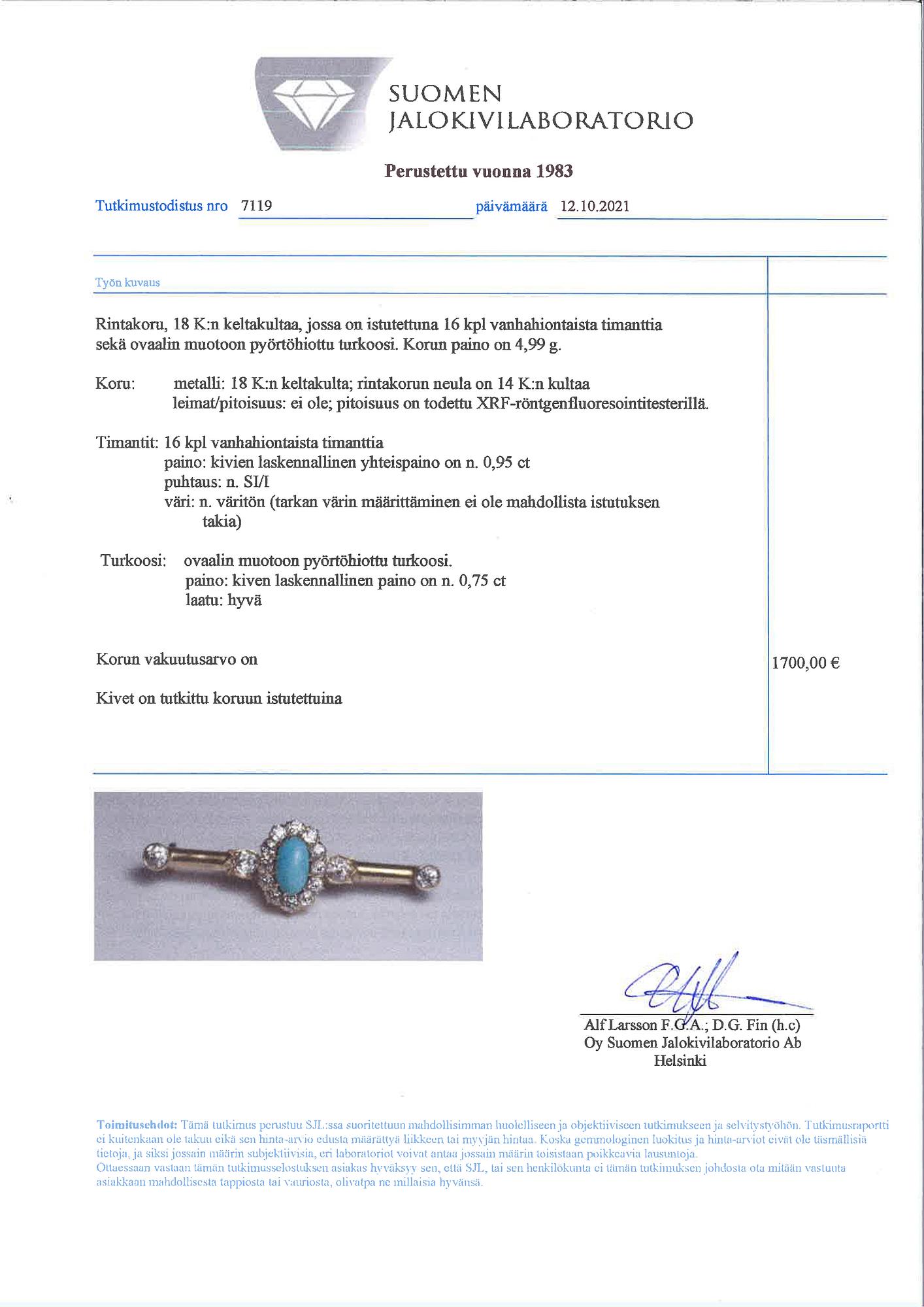 Brosch, 18K och 14K guld, turkos ca 0.95 ct och gammaslipade diamanter ca 0.95 ct tot.