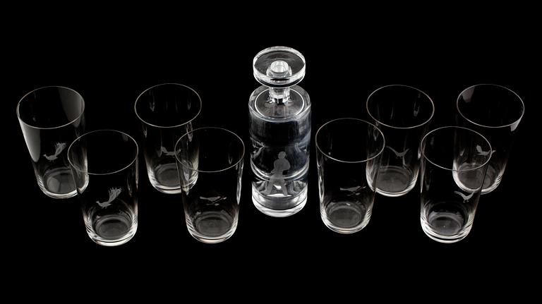 GROGGLAS OCH KARAFF, 9 delar, glas, Orrefors och Kosta, 1900-talets första hälft.