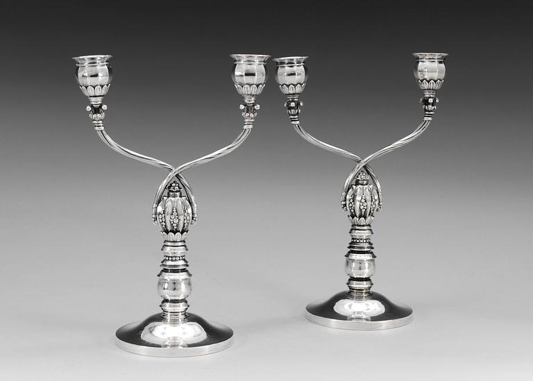 A pair of Johan Rohde sterling candelabra, design nr 343, by Georg Jensen, Copenhagen, 1933-44,