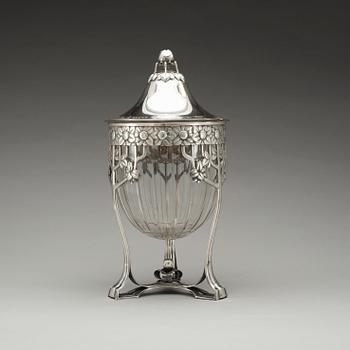 A German Art Nouveau silver plated and cut glass punch bowl, ca 1903.