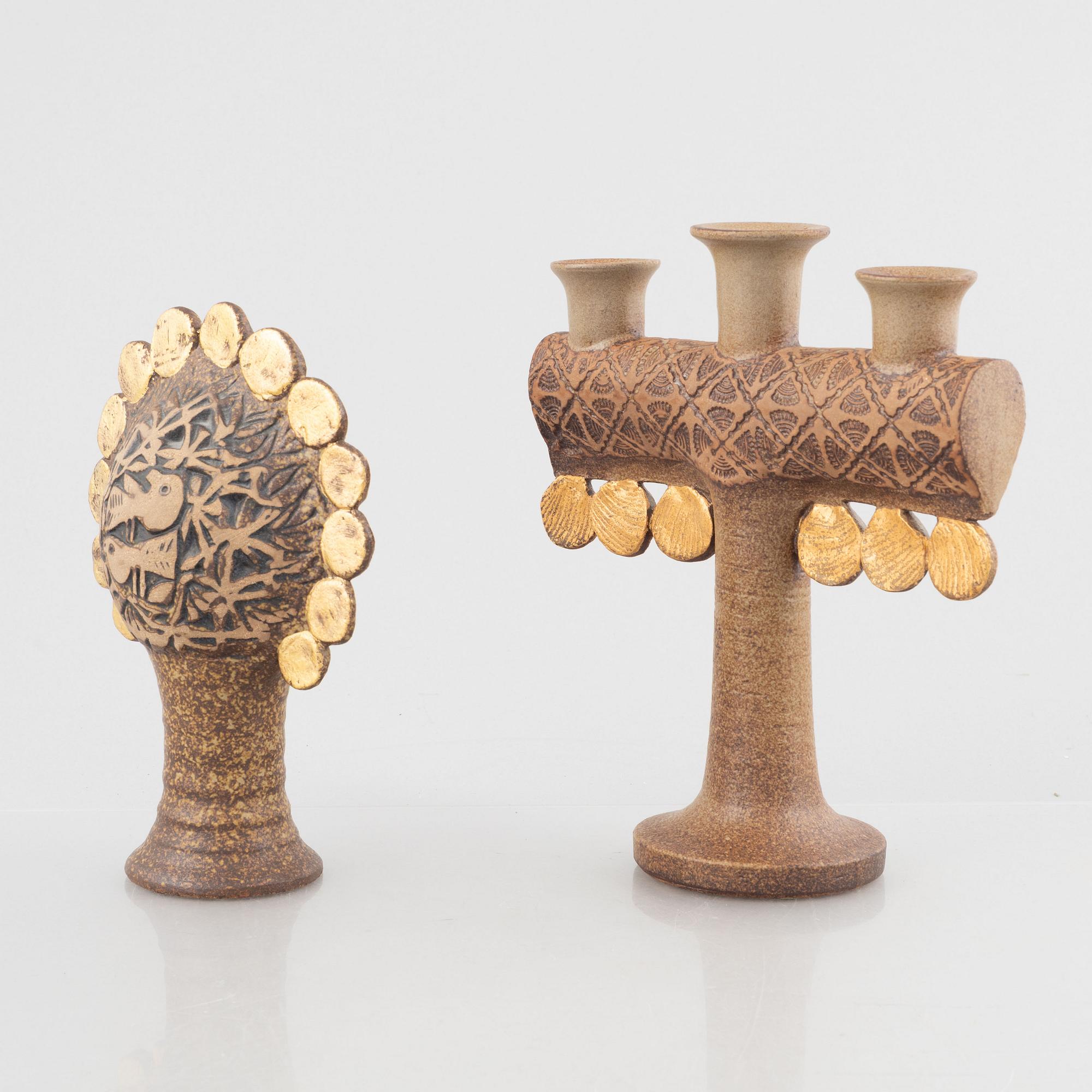 Lisa Larson, figurin, "Guldträd" och ljusstake, "Medaljong", stengods, Gustavsberg.