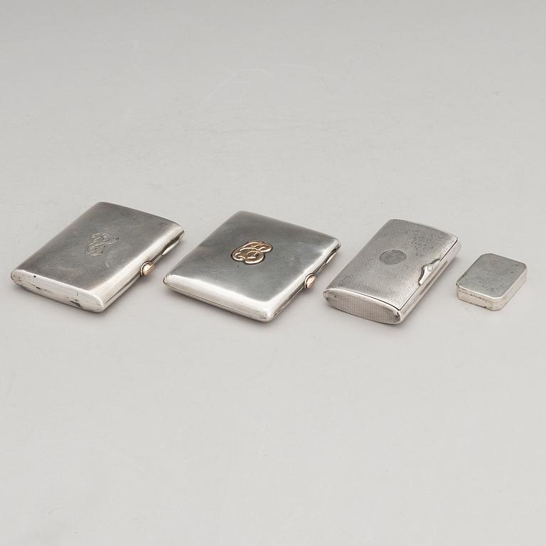 Three silver cigarette cases and a silver pillbox, marked in Finland and Germany, first half of the 20th Century.