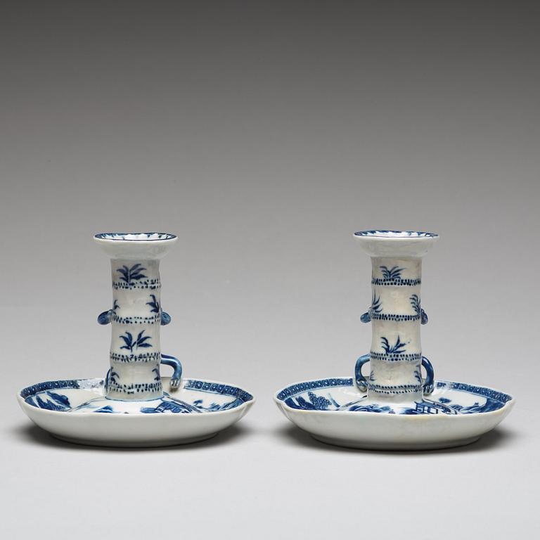 A pair of blue and white candle sticks, Qing dynasty, Qianlong (1736-95).