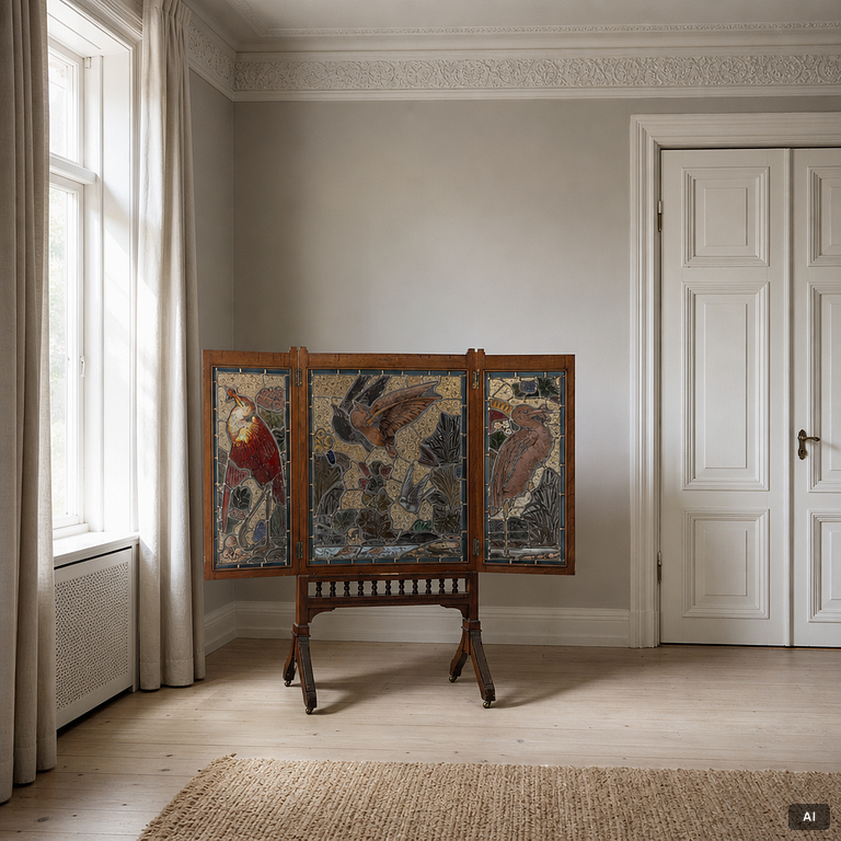A fire screen, Maple & Co, England, circa 1900.