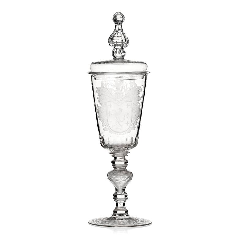 A large Bohemian glass goblet with cover, 18th Century.