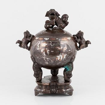 A bronze incense burner with cover and stand, China, 20th century.