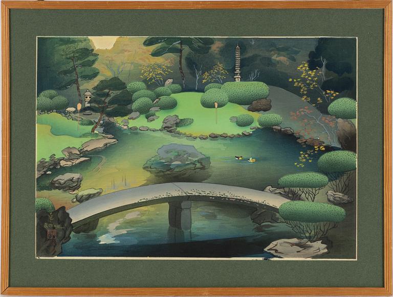 Ohno Bakufu, träsnitt, 'Gardens of Shoren-In Temple in Autumn'.