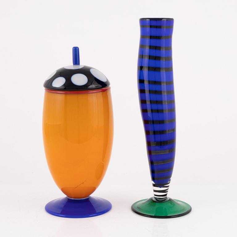 Gunnel Sahlin, a 'Mambo' glass vase from the 'Latin Love' series and a unique lidded urn, Kosta Boda, Sweden.