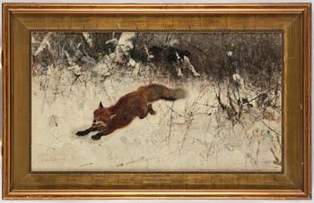 Bruno Liljefors, Winter hunting with fox and hound.